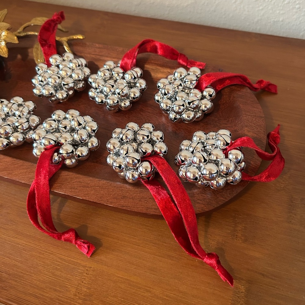 8 Silver Bell Cluster Ornaments with Red Velvet